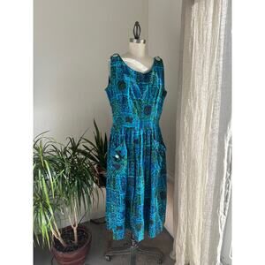 Women's M/L Dress Blue Green Cotton Day Dress Sleeveless Pockets Button Vintage
